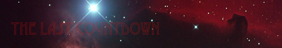 A panoramic celestial scene depicting a radiant star emitting bright light against a backdrop of deep red nebulae dust scattered with distant stars. The words "THE LAST COUNTDOWN" are boldly superimposed in white across the center.