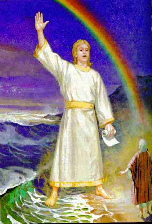 A painting depicting a figure dressed in a white robe with a golden belt, standing atop the ocean waves under a vivid rainbow that arches in the cloudy sky. The figure, with a serene expression, raises one arm high, and in the other hand holds a scroll. A bearded observer stands at the right, witnessing the scene.
