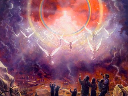 A vividly painted celestial scene displays a radiant ring encircling a sun-like star with multiple colors casting an iridescent glow. Below, figures gesture towards the spectacle as unearthly beings resembling winged horses descend from the glowing heavens amidst a dynamic swirl of clouds colored with mauve and violet hues.