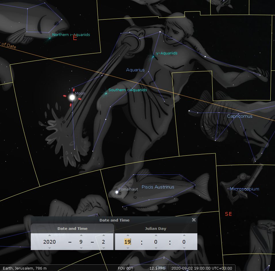 An astronomical software simulation depicting constellations and celestial bodies over Jerusalem with dimensions and time stamps. Detailed illustrations include a figure pouring water from a vessel, various aquatic creatures, and other figures representing celestial groups against a dark starry sky. The Moon is highlighted near one of the figures.