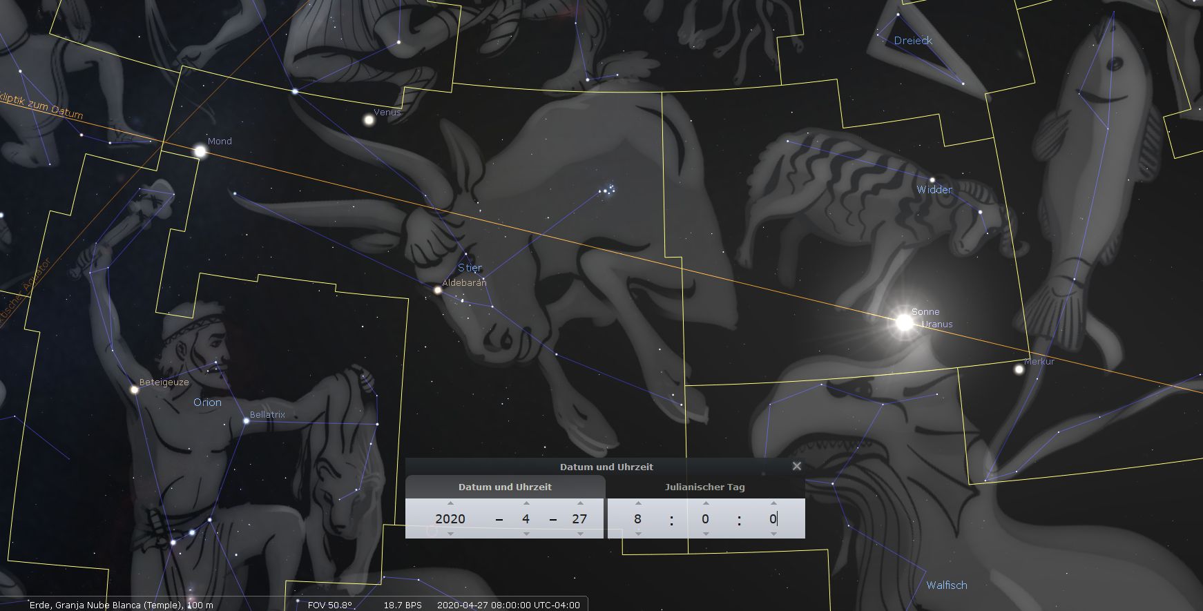 Eine astronomische Darstellung mit mehreren Sternbildern, umfassend die Konstellationen wie Orion und Stier, astronomisch markiert mit Namen bedeutsamer Sterne und Planeten wie Betelgeuse, Aldebaran und Venus. Gelbe Linien verbinden die Sterne zu Mustern, und moderne graphische Elemente sowie eine Datums- und Zeitangabe für April 2020 sind sichtbar.
