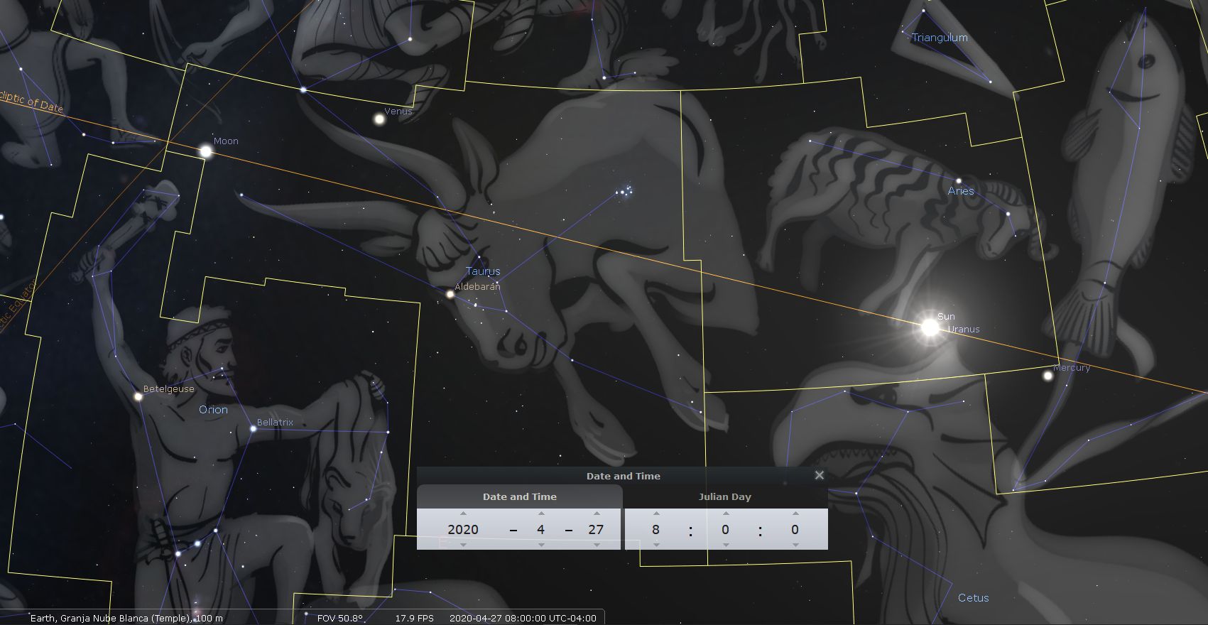 A detailed celestial map displaying various constellations in the night sky, lined with stars and interconnected by lines to form figures. Notable celestial objects such as the Moon, Venus, and several planets are pinpointed. The image is interactive, including labels of celestial objects and configurations, with an interface showing date and time settings.