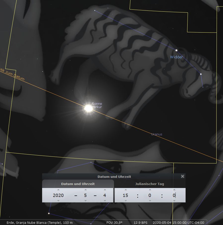 Ein astronomisches Bild zeigt die Konstellation eines Widder-ähnlichen Symbols im Raum, markiert durch Linien, begleitet von der leuchtenden Darstellung von Sonne und Merkur. Informationen zu Datum und Uhrzeit sind unten angezeigt, wobei das Datum 2020-5-4 mit einem julianischen Tageszähler von 2458974 angegeben ist.