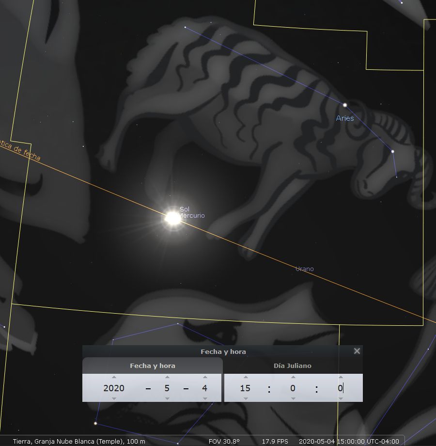 Imagen de un mapa estelar digital que muestra una representación artística de la constelación comúnmente asociada con Aries en la Mazzaroth, junto con el Sol y Mercurio al centro brillantemente. Panel de control muestra fecha y hora específica del evento celeste.