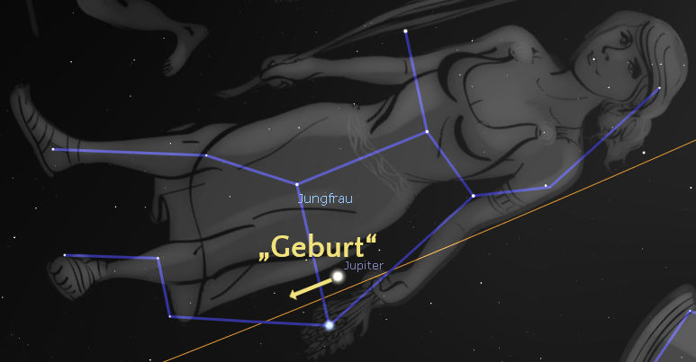 Eine grafische Darstellung eines Frauenbildes im Weltraum, verbunden durch blaue Linien, die eine Figur in der Mazzaroth darstellen, neben einer Beschriftung, die "Jungfrau" und "Jupiter" neben dem Wort "Geburt" anzeigt.