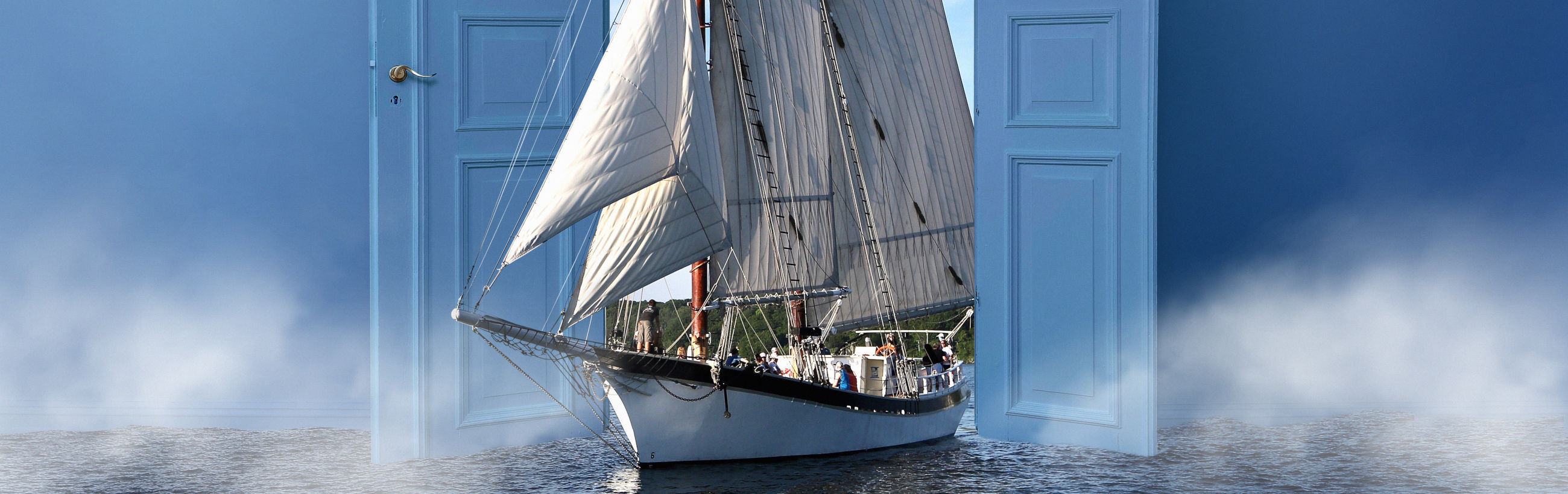 A sailing vessel with tall white sails is depicted transitioning through an open blue door positioned over a body of water, merging reality with a surreal maritime scene.