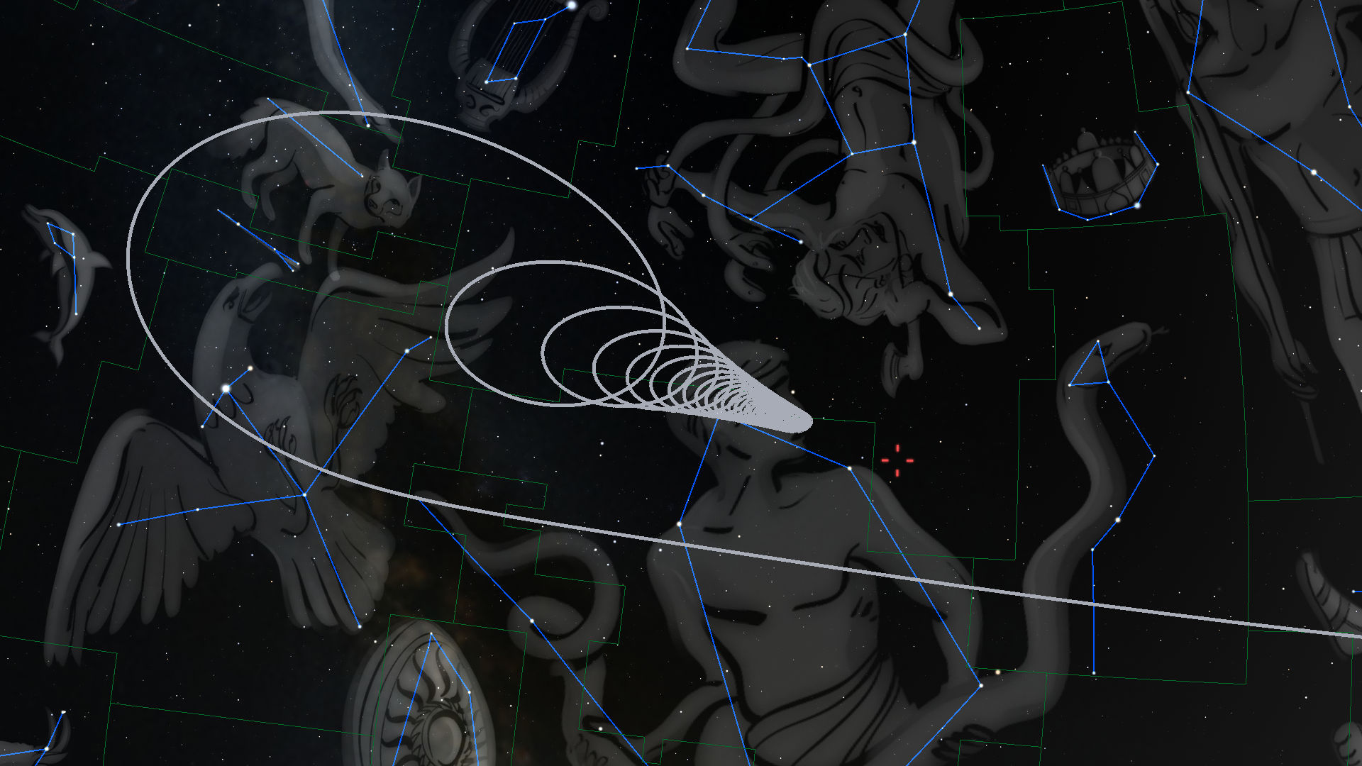 A digital representation of a starry night sky featuring figures traditionally identified in the Mazzaroth, depicted as various mythological creatures and symbols connected by blue lines against a backdrop of countless stars. The detailed artwork shows several constellation outlines with a green grid pattern overlaid.