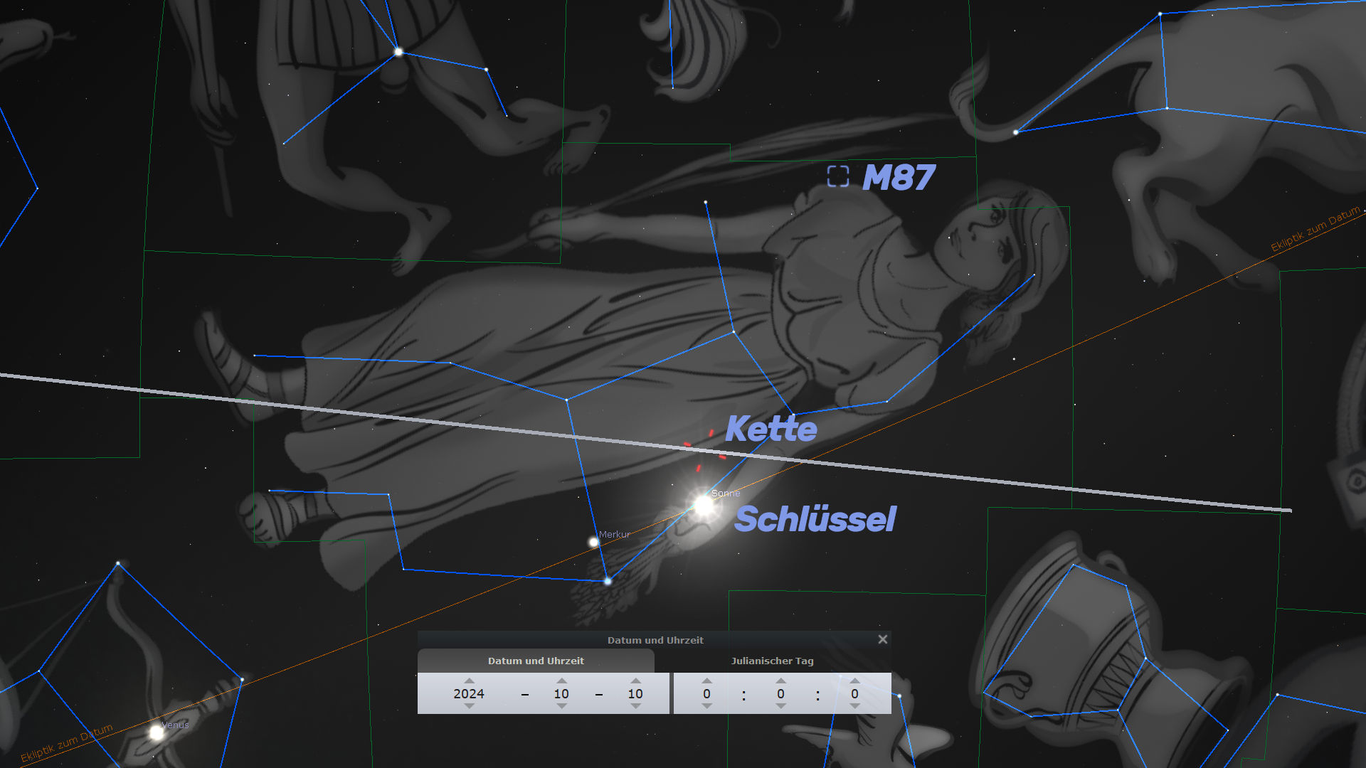 Astronomische Darstellung mit einer schematischen Ansicht von Sternbildern im Nachthimmel, illustriert in grauen und weißen Tönen mit markierten Sternpositionen. Die Illustration umfasst verschiedene Figuren wie eine Waage, einen Stier und eine Jungfrau. Textelemente und Pfade sind überlagert, die bestimmte Himmelskörper und Konstellationen markieren.