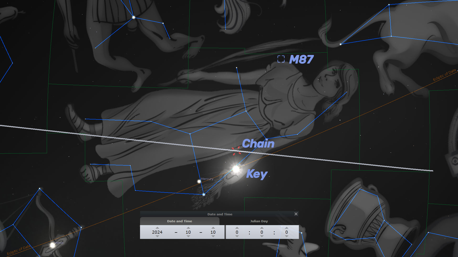 An astronomical software interface depicting the night sky map with constellations and interconnected stars. The screen shows various figures superimposed with blue outlines, depicting different constellations from the Mazzaroth, including a figure holding a chain and a key. Labels and lines indicate celestial coordinates and points of interest such as the galaxy M87. A control panel overlay displaying date, time, and Julian Day settings for October 10, 2024, is visible in the foreground.