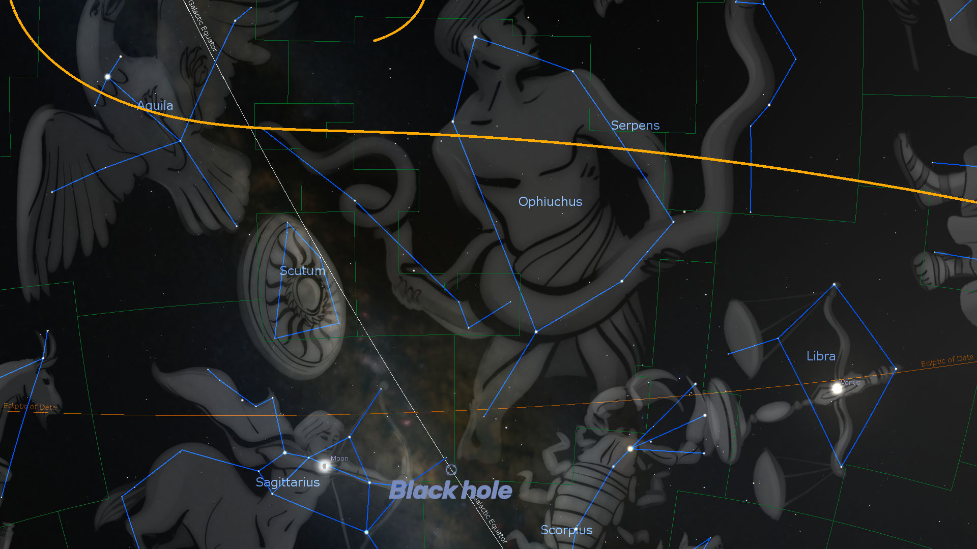This image displays a detailed star map depicting various celestial constellations overlaid with mythological illustrations. Central to the composition is a depiction of a black hole surrounded by labeled constellations such as Ophiuchus and Sagittarius, intersected by a bright yellow line representing the ecliptic. Notable features include artistic representations of figures, like a man holding a serpent, along with scientific notations and grid lines indicating celestial coordinates.