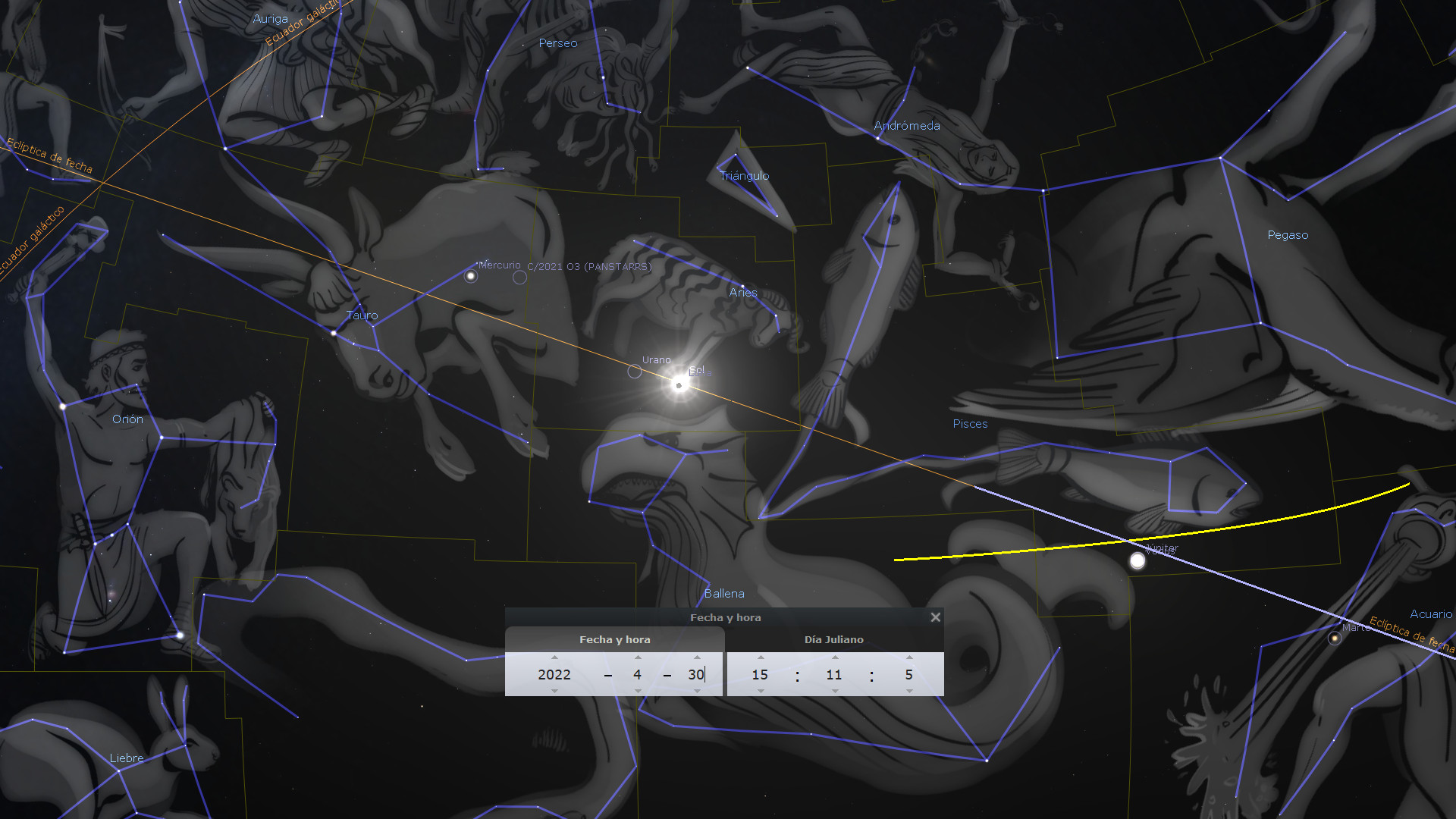 Ilustración digital de la Mazzaroth con constelaciones y cuerpos celestes marcados. Se ven representaciones de figuras humanas y animales conectadas por líneas que forman distintas agrupaciones estelares, como Orión y Tauro. Una interfaz muestra configuraciones de fecha y hora, destacando la posición de elementos como Mercurio y Urano, con líneas eclípticas y meridianas.