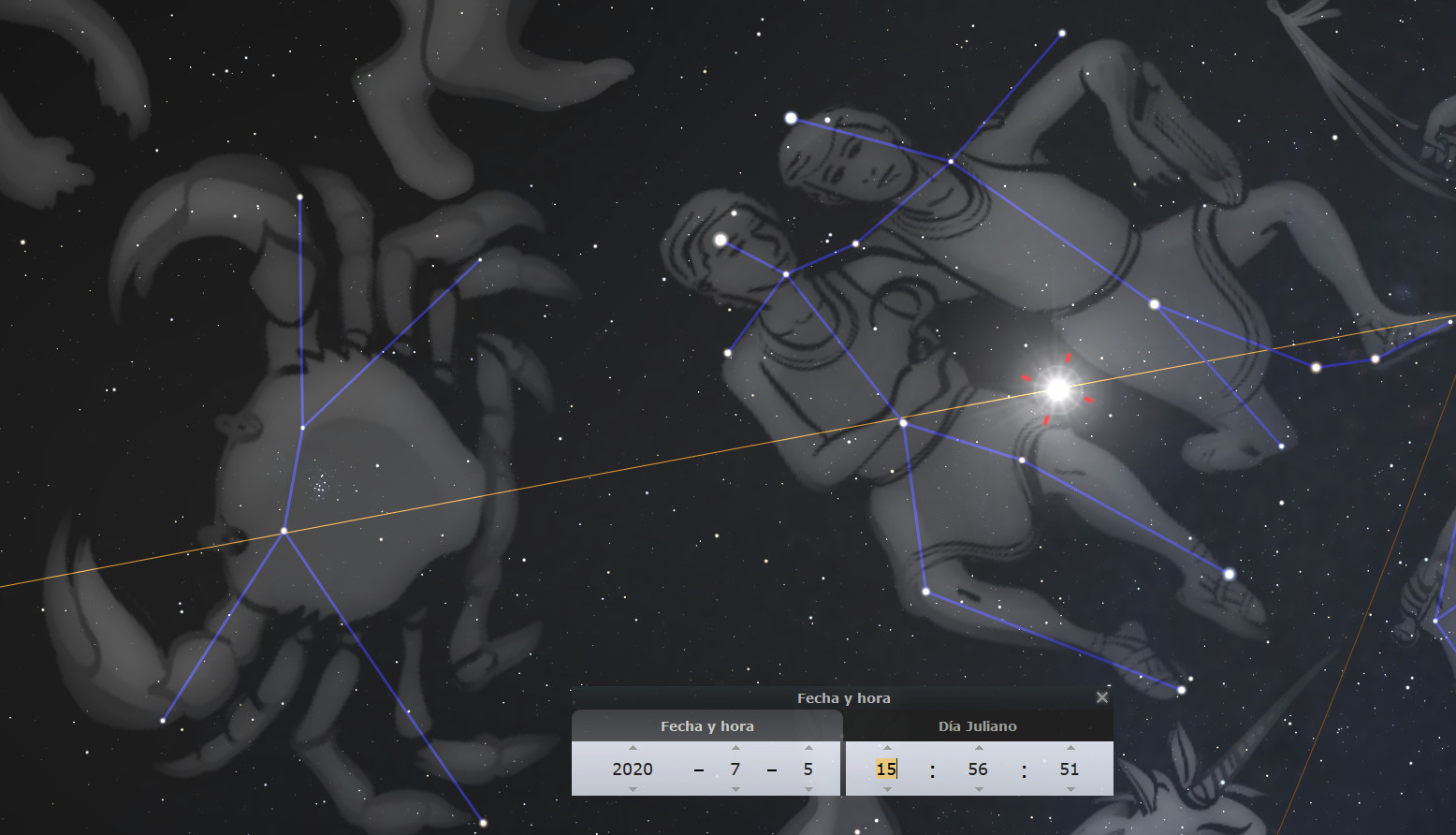 Imagen de una simulación astronómica que muestra a dos constelaciones prominentes conectadas por líneas azules que forman figuras, sobre un fondo estrellado. Incluye una superposición de un panel de datos con fecha y hora, marcando el 5 de julio de 2020, y el tiempo en formato juliano.