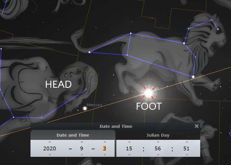 A digital star map showing the positions of celestial bodies and constellations, including depictions of a lion and a woman with lines connecting stars to outline their forms. The Sun is highlighted between the two figures, with the planets Mercury and Uranus also marked. Labels indicate 'HEAD' and 'FOOT' referring to parts of the figures, with a detailed overlay showing date and time settings.