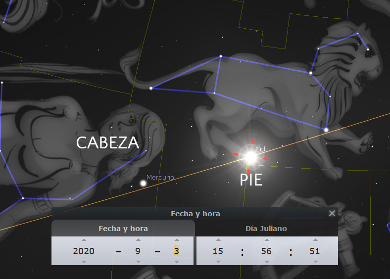 Una ilustración astronómica mostrando una constelación en forma de león con líneas azules que conectan las estrellas principales. La representación incluye al Sol y al planeta Mercurio cerca de las etiquetas "CABEZA" y "PIE". En la parte inferior, aparece un panel con la fecha y hora que indica "2020-9-3 15:56:51".