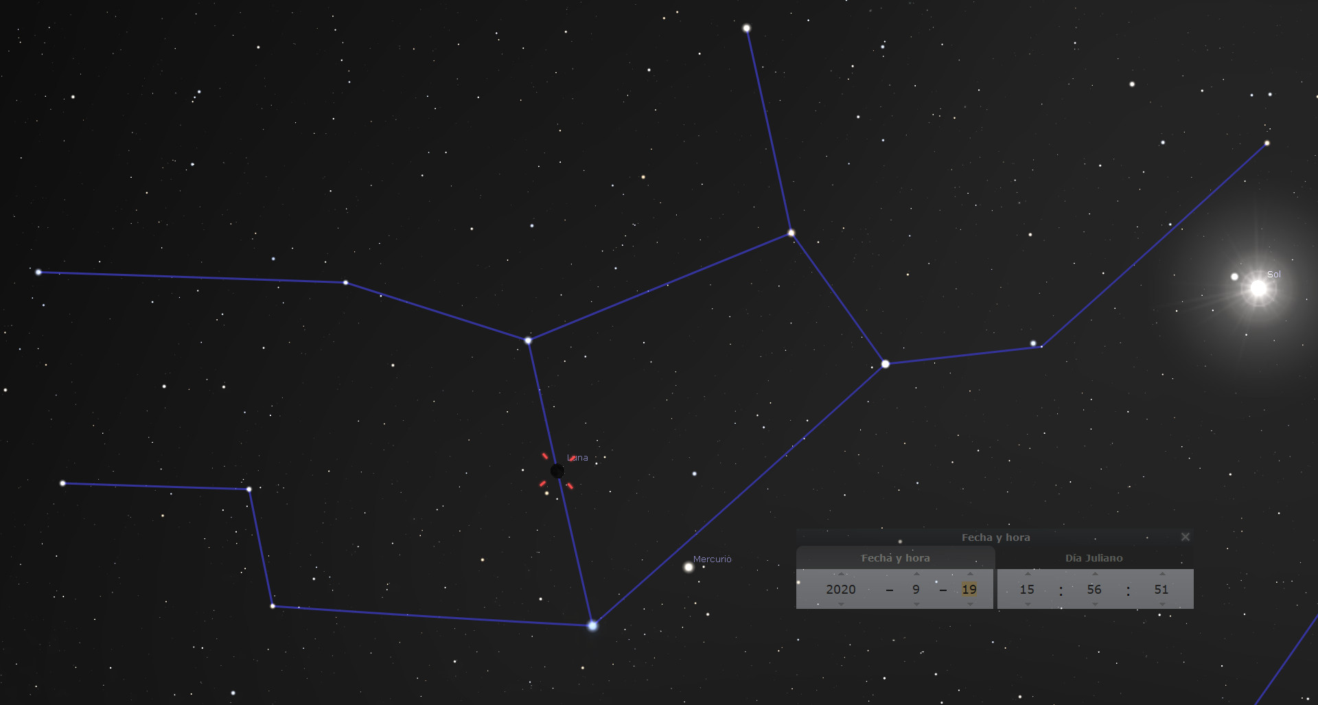 Una representación gráfica de una constelación parte del Mazzaroth en el firmamento nocturno. Se visualizan líneas azules conectando varias estrellas principales formando una figura angular. También se presentan los planetas Mercurio, próximo a una estrella rojiza, y Sol brillante a la derecha.