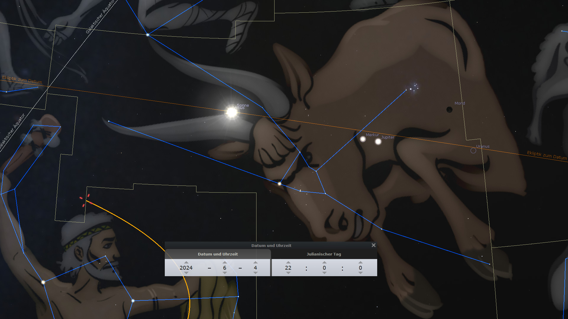 Digitale Abbildung eines himmlischen Segas der Mazzaroth, mit markierten Bahnen von Sternen und Planeten. Dargestellt sind symbolische Figuren, darunter ein Zentaur, die mit Linien verbunden sind, welche ihre Positionen am Himmel zeigen. Hinzugefügt sind Bezeichnungen der Planeten wie Sonne, Merkur und Jupiter, sowie die Eklipitik dargestellt durch eine gelbe Linie.