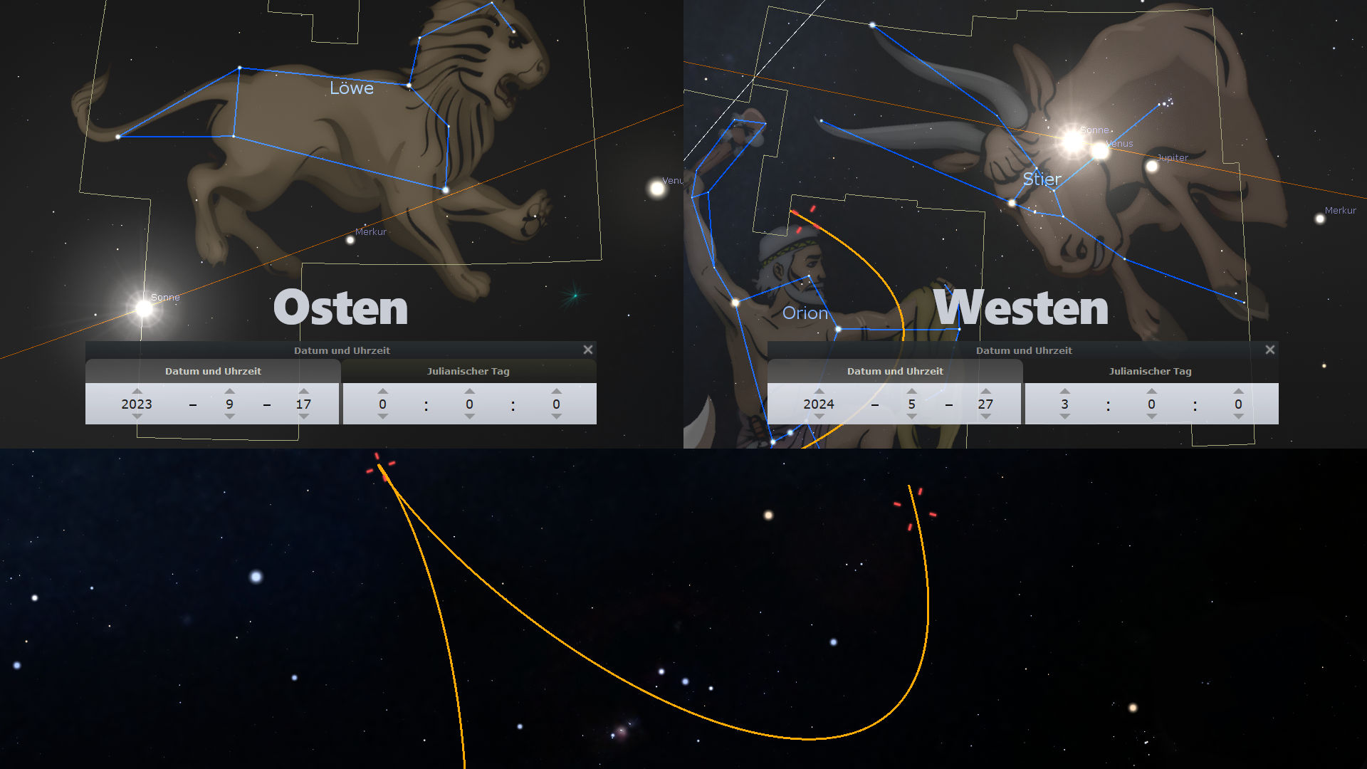 Eine graphische Darstellung des Sternenhimmels in zwei Segmenten, die Teile des Mazzaroth zeigen, speziell die Sternbilder Löwe und Stier, wie sie künstlerisch dargestellt sind. Beide Bilder enthalten Sternkonfigurationen mit überlagerten Liniendiagrammen, die die Formen der Sternbilder anzeigen, und planetarische Positionen wie Merkur, Venus und Jupiter. Unten in jedem Bild sind Datum und Uhrzeit für die gezeigten Sternkonstellationen angegeben.