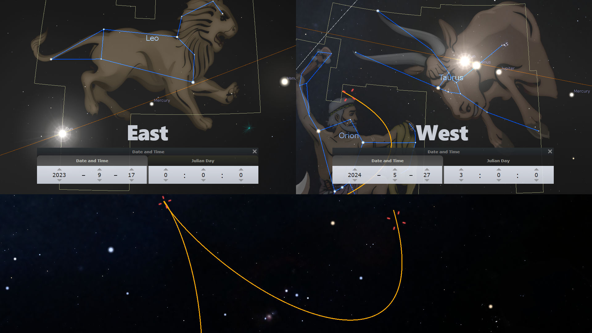 Stellar map showing eastern and western celestial hemispheres, featuring illustrations of two prominent constellations alongside the sun and visible planets. The eastern hemisphere features a lion constellation near the sun, while the western one shows a bull constellation with three planets aligned through it. A software interface displays specific dates and celestial coordinates.