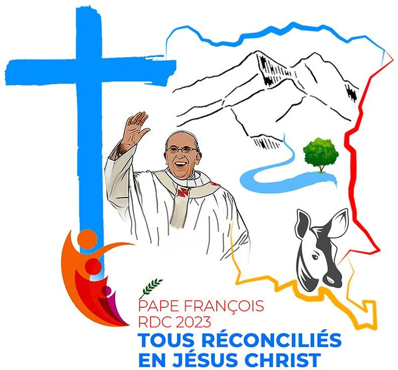 An artistic representation featuring a large cross on the left and an outline map of the Democratic Republic of the Congo with geographical elements like mountains and a river. Inside the map, there's an illustration of a smiling man wearing glasses and clerical clothing, raising his right hand in a gesture of blessing. Adjacent to him is an illustration of a donkey's head. Below the imagery, text reads “Pape François RDC 2023, Tous Reconciliés en Jésus Christ” which translates to "Pope Francis DRC 2023, All Reconciled in Jesus Christ" in English.