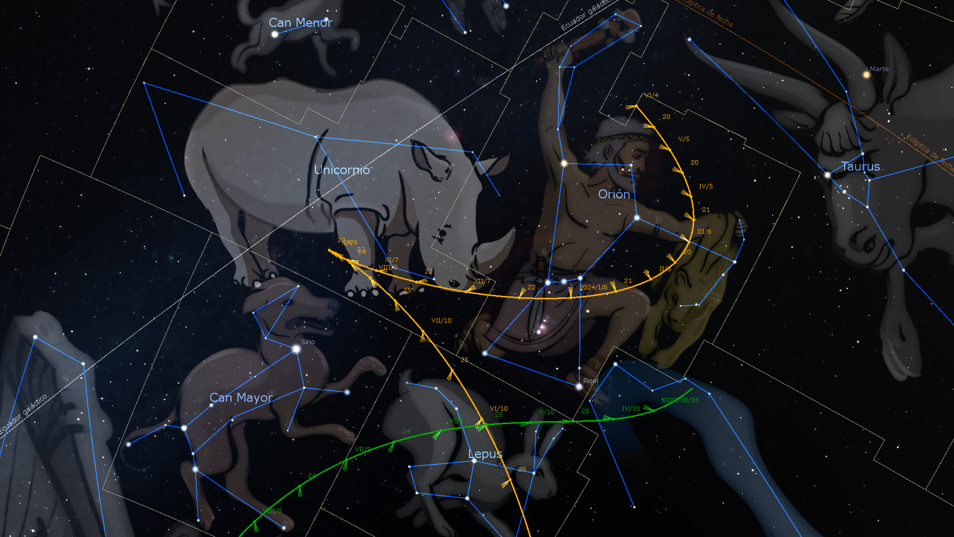 Imagen digital nocturna del cielo estrellado que muestras elementos constelacionales, incluyendo figuras mitológicas y grupos de estrellas conectados por líneas que los identifican. Se destacan notoriamente sobre un fondo oscuro detallando componentes del Mazzaroth, sin utilizar términos astrológicos específicos.