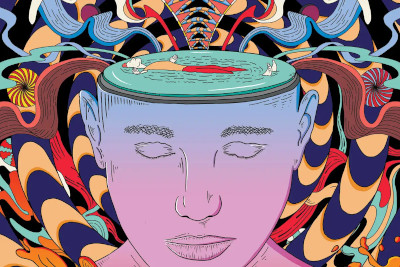 Illustration of a serene face with closed eyes, featuring a celestial map on the forehead with detailed representations of heavenly bodies. The background swirls with vibrant, abstract patterns resembling flames and waves in a multitude of colors.