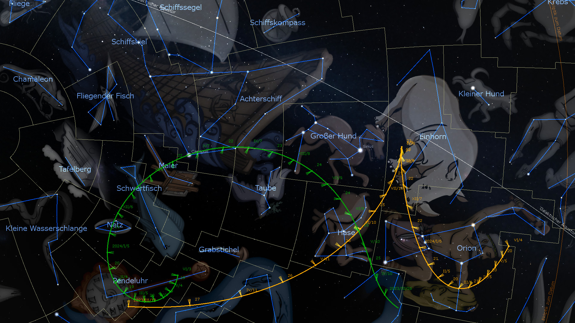 Digitale Darstellung eines Sternenhimmels bei Nacht, auf dem verschiedene Sternkonstellationen überlagert mit Linien und Namen markiert sind, wie Orion und Großer Hund. Die Verbindungslinien zwischen den Sternen bilden Figuren, die klassische und mythische Gestalten repräsentieren.