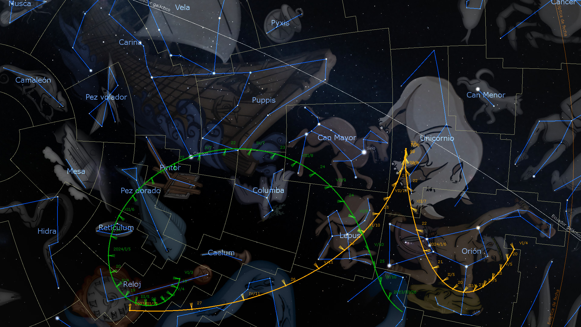 Imagen de un mapa estelar detallado con superposiciones de constelaciones conectadas por líneas en colores contrastantes, mostrando diversos grupos de estrellas y símbolos mitológicos dentro de un cielo oscuro estrellado. Los nombres de las constelaciones están etiquetados de manera visible en español, incluyendo Orion, Lepus y Can Mayor.