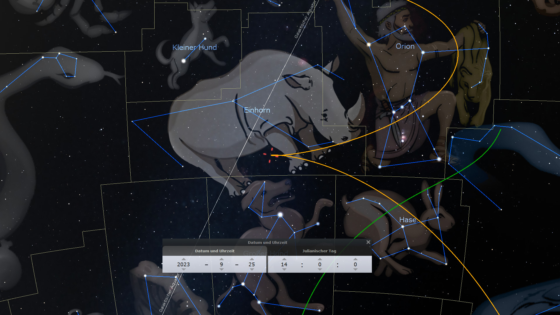 Digitale Darstellung des nächtlichen Himmels, mit Sternbildern wie Orion und Stier, die durch blaue Linien verbunden sind, vor dem tiefschwarzen Weltall bestückt mit Myriaden von Sternen. Beinhaltet ein Interface zur Darstellung von Datum und Uhrzeit.