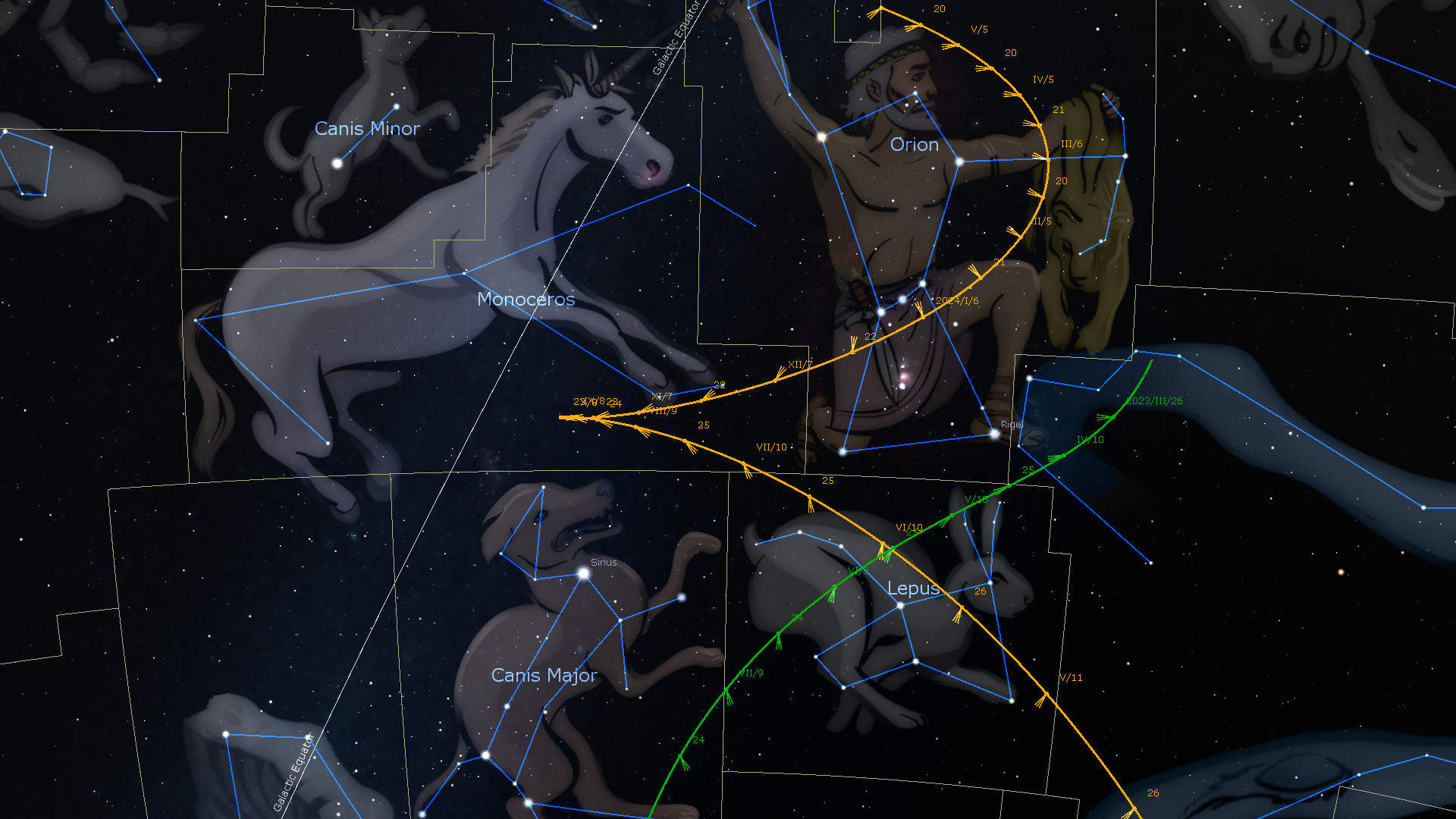 A digital representation of the night sky, illustrating various constellations, overlaid with celestial diagrams and coordinates. Key constellations include Orion and elongated figures such as Canis Major and Canis Minor. Stars are plotted and linked with lines to trace each constellation's shape against a dark space backdrop.