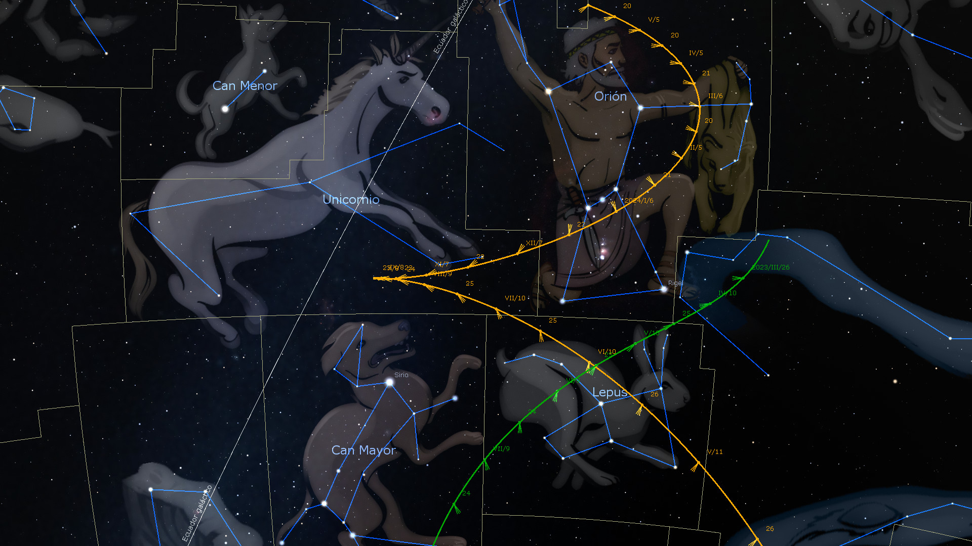 Ilustración de un cielo estrellado con varias constelaciones identificadas por nombres y líneas que conectan las estrellas, incluyendo dibujos de animales y figuras míticas sobre un fondo oscuro lleno de estrellas.