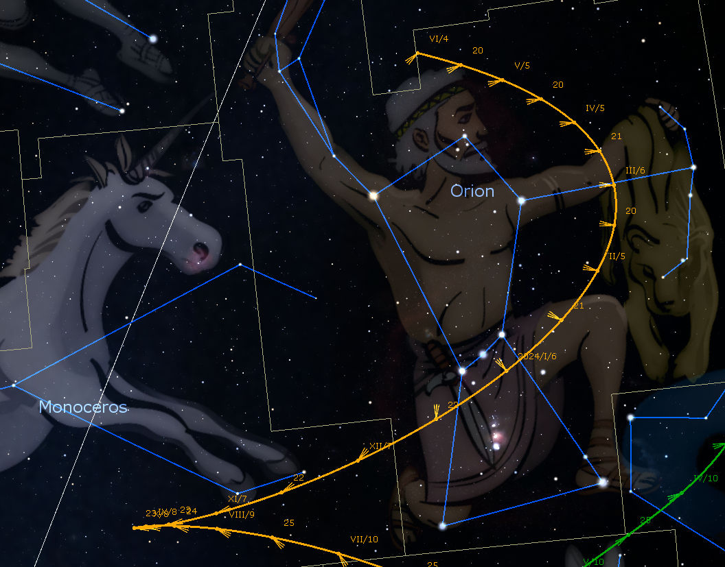A digital illustration of a starry sky featuring the constellation Orion alongside other celestial formations. The constellation lines are drawn connecting bright stars to outline figures, such as Orion depicted as a hunter and a neighboring figure of a unicorn.