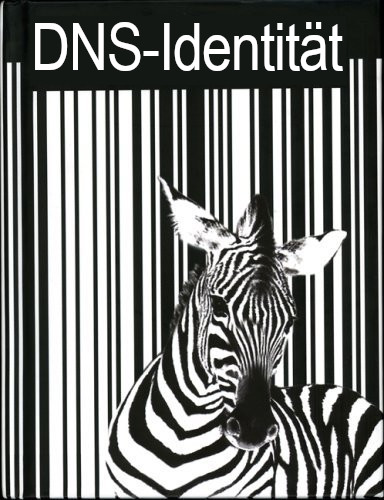 Schwarz-weißes Bild eines Zebras, das direkt in die Kamera blickt, vor einem Hintergrund, der an einen Barcode erinnert. Die Worte "DNS-Identität" stehen an der Oberseite.