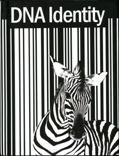 A black and white image featuring a zebra's head emerging from a barcode pattern. The text "DNA Identity" is prominently displayed at the top of the image.