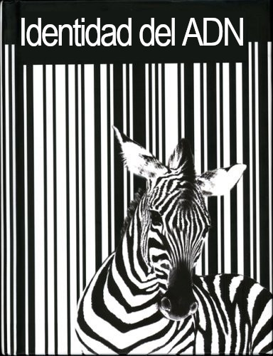 Imagen en blanco y negro de una cebra mirando directamente. El fondo tiene barras verticales negras y blancas que armonizan con el patrón de la cebra. En la parte superior está el texto "Identidad del ADN" en letras blancas sobre fondo negro.