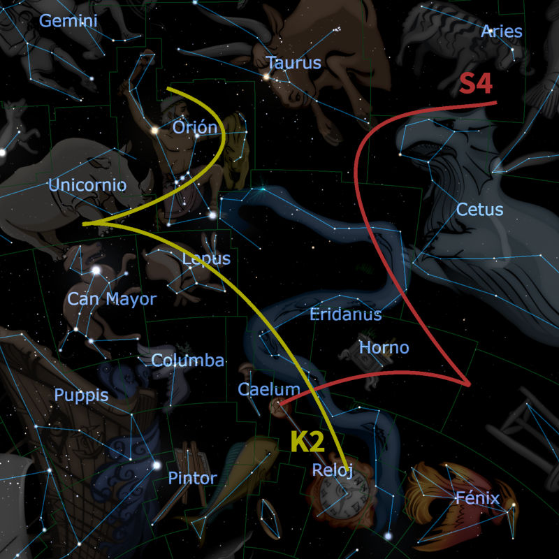 Ilustración digital compleja que representa una serie de constelaciones y cuerpos celestes como Orión y Cetus, conectados entre sí por líneas que delinean sus formas contra un oscuro fondo estelar. La imagen incluye anotaciones de nombres para varias de estas configuraciones estelares, que son parte de la Mazzaroth mencionada en la Biblia.