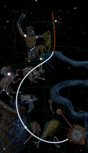 A digital depiction of constellations in the night sky, featuring figures such as an archer and various instruments like a compass and a globe, intertwined with silver bands that seem to trace their forms against a backdrop of stars.
