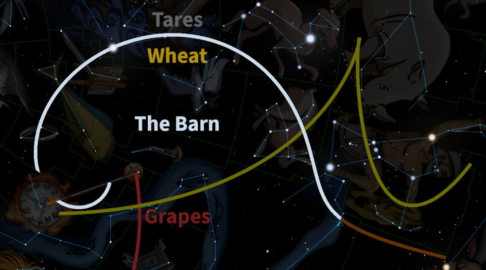 Digital artwork depicting various constellations and celestial paths over a dark star-filled sky. Included are labeled paths and symbols representing agricultural elements such as "Tares," "Wheat," "The Barn," and "Grapes."