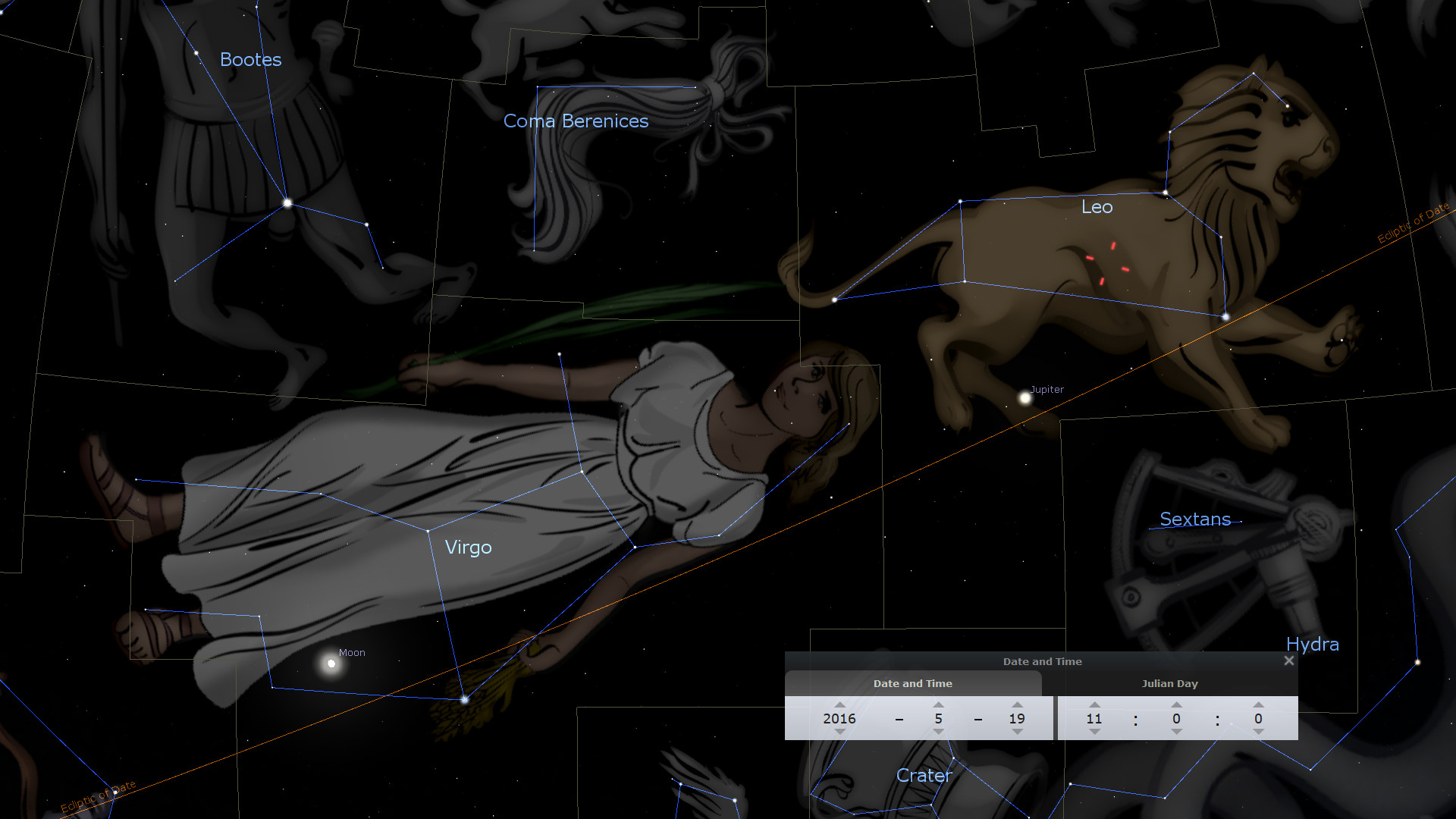 Digital illustration of the night sky featuring constellations, including a woman robed in white representing Virgo and a lion labeled Leo. The image is marked with lines connecting stars to form figures, and includes labels for other constellations like Bootes and Coma Berenices. The Moon is indicated near Virgo, and Jupiter near Leo. A control panel displays the date and Julian Day at the bottom.