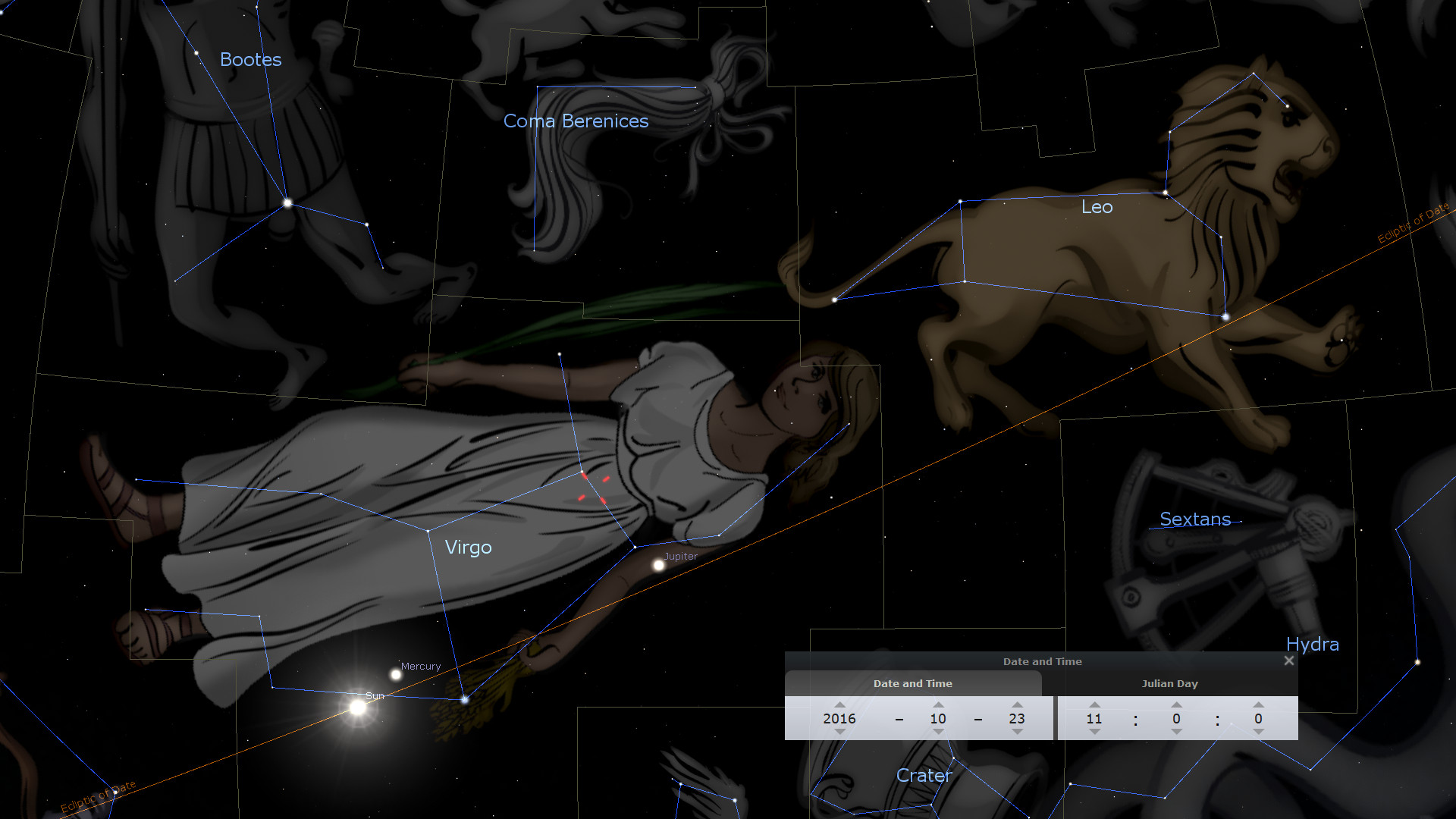 An illustration depicting various constellations in a dark star-filled sky. A figure resembling a woman, representing the constellation Virgo, is prominently placed in the center. Surrounding her are other celestial figures such as a lion for the constellation Leo. There is also a panel displaying a date and time setting at the bottom of the image, suggesting an astronomy software interface.