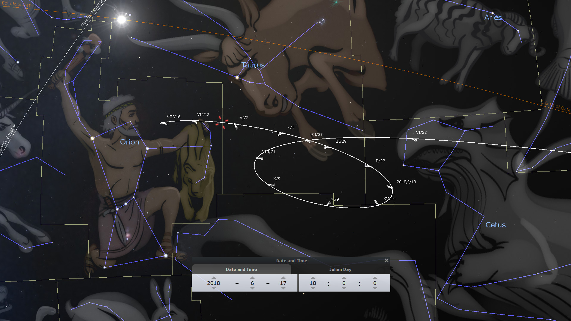 A detailed astronomical software display showing star constellations against a dark sky. The image includes outlined figures such as Orion, and animal figures. Bright stars are connected by blue lines to form the constellation patterns. The celestial pathways intersect, with names and data points indicated. The sun is marked at the top left. The interface also shows controls for date and time adjustments.