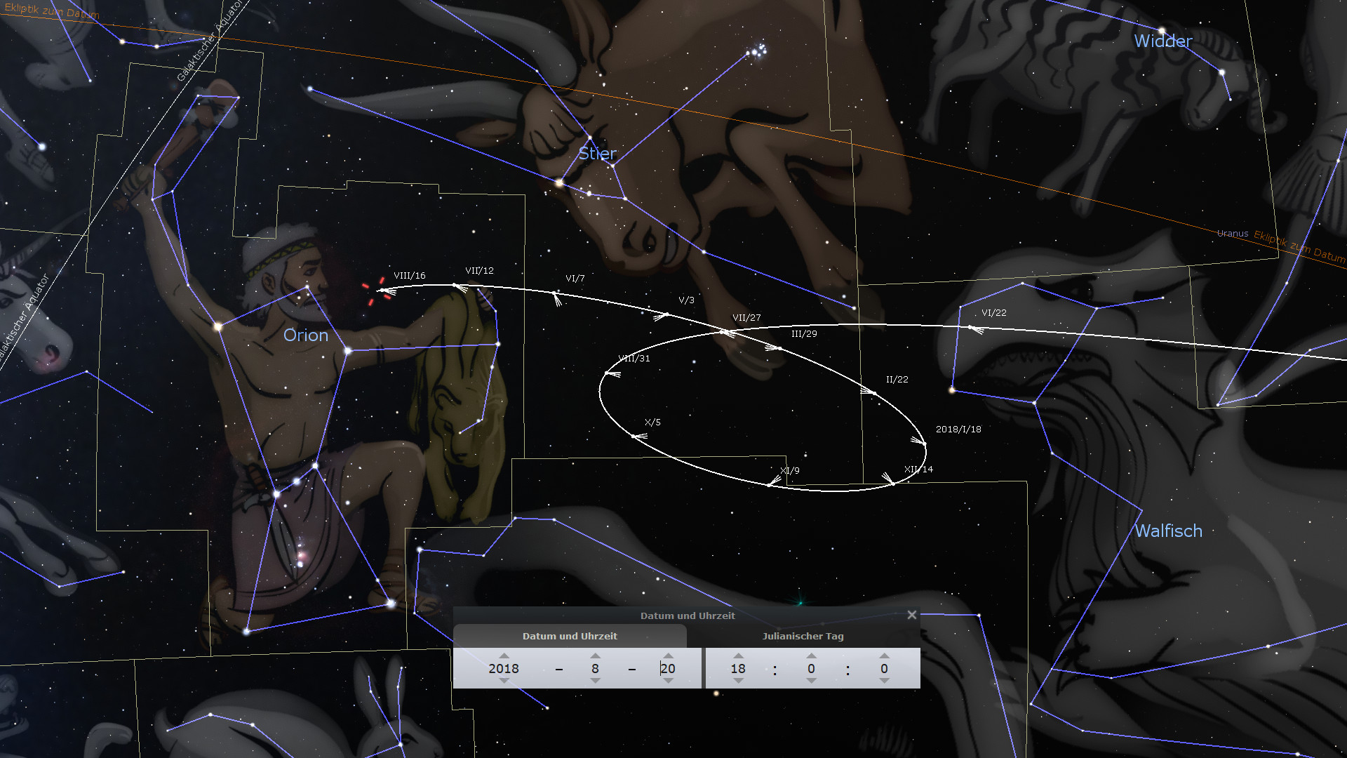 Digitale Darstellung eines Sternenhimmels mit markierten Sternbildern wie Orion, Stier und Widder. Zusätzliche Linien verbinden die Sterne zu erkennbaren Mustern und einige Sternbilder sind mit biblischen Namen wie Mazzaroth beschriftet. Anzeige mit Datum und Zeit ist im unteren Bereich sichtbar.