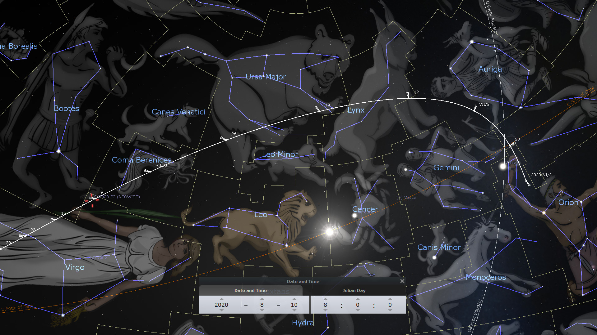 A detailed star map displaying various constellations overlaid with artistic renditions of their associated figures, such as a lion, a maiden, and a hunter, against a dark cosmic background. Several constellation names and astronomical data are visible.