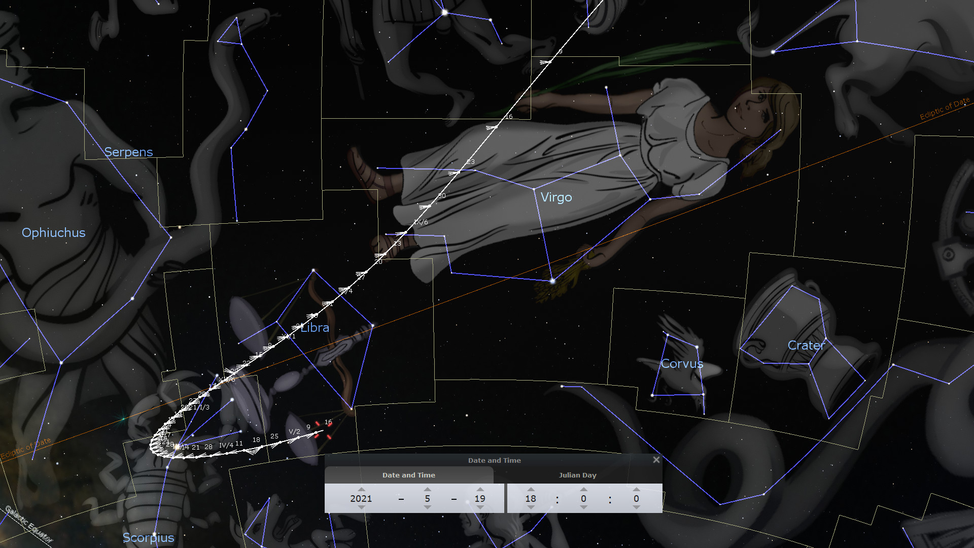 Digital illustration depicting a segment of the night sky mapped with stars connected by blue lines to outline celestial figures. Central is an illustration resembling a human figure in a flowing gown, labeled as 'Virgo', surrounded by other formations like 'Scorpius', 'Libra', 'Corvus', and 'Crater'. Below, a UI display shows a date from 2021.