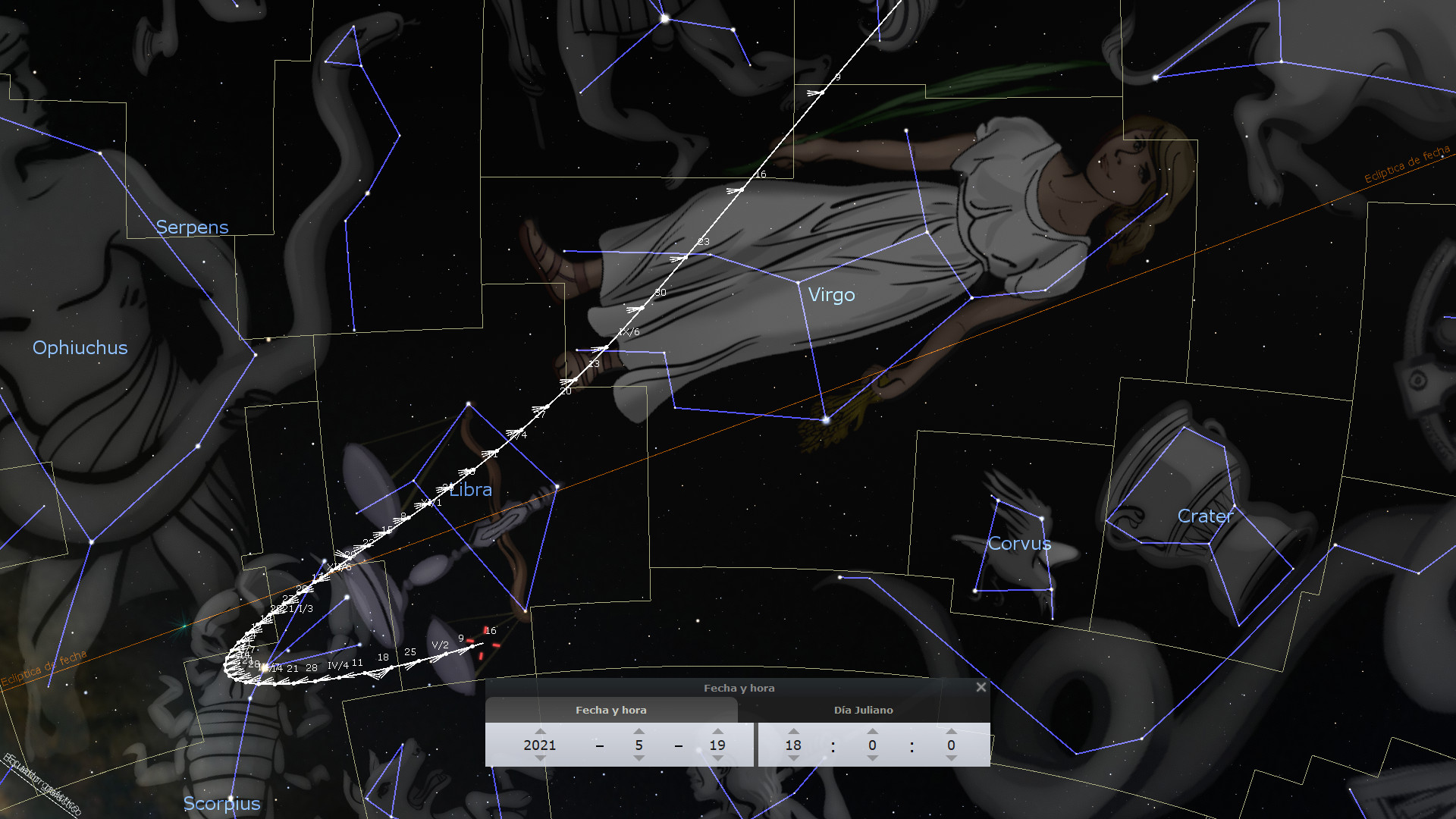 Ilustración digital del cielo nocturno mostrando constelaciones conectadas por líneas azules sobre un fondo oscuro. Se destaca una figura femenina que representa una constelación de la Mazzaroth, tendida y mirando hacia el cielo.