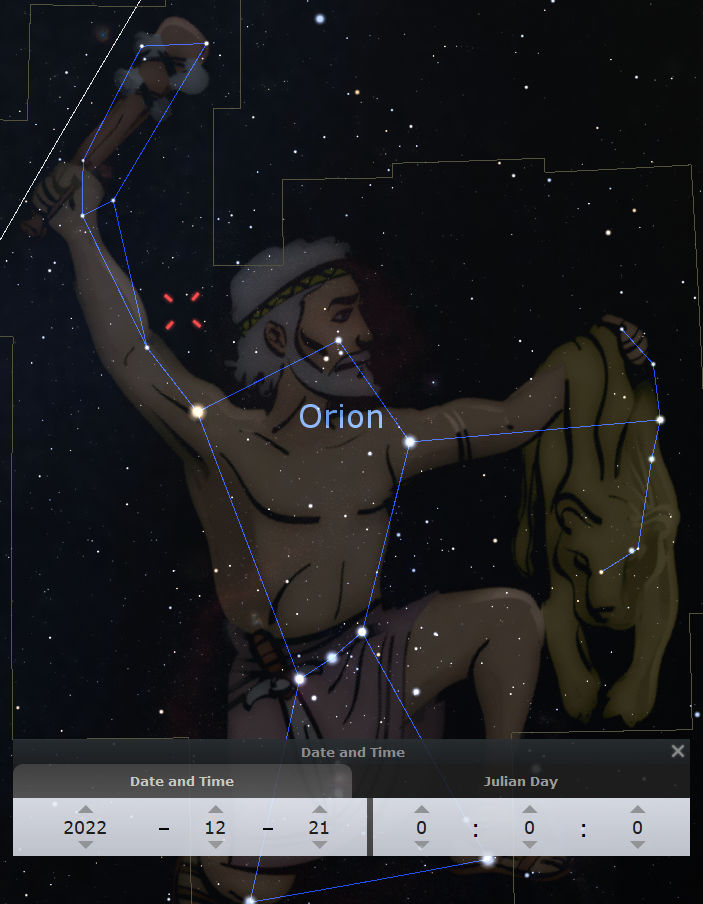 Image showing a starry night sky with a constellation in the form of a hunter holding a club and a lion's pelt, marked "Orion." The constellation is outlined and connected by bright lines, emphasizing its shape. Below the image, a graphical interface displays the date and time settings, currently set to December 21, 2022.