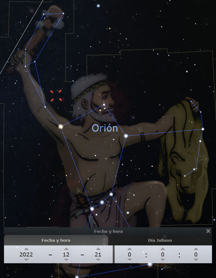 Ilustración de un guerrero de la constelación de Orión, sosteniendo un escudo y una clava, superpuesto sobre un fondo estrellado. Se destacan las estrellas principales conectadas por líneas que forman su silueta, con fecha y hora indicadas en un menú interactivo en la parte inferior.