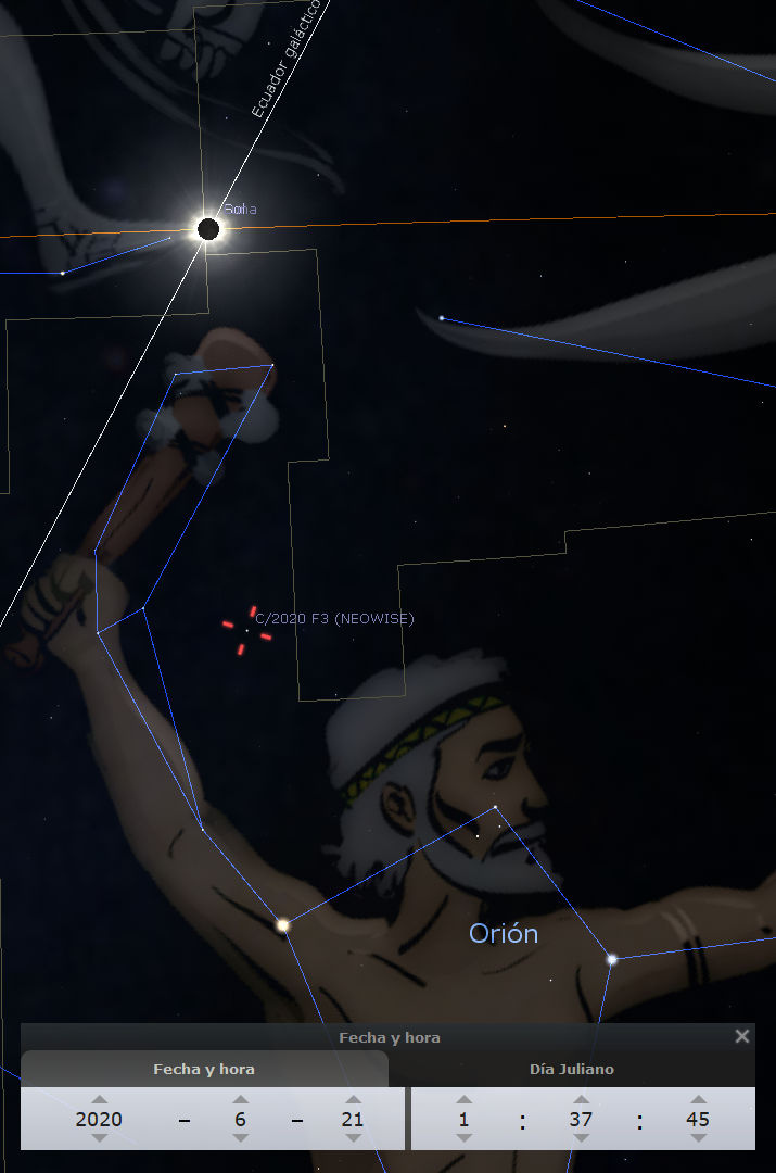 Imagen de una representación astronómica que muestra una constelación, específicamente Orión, interaccionando con un diagrama digital. La constelación está compuesta por líneas que unen estrellas visualizadas como puntos luminosos, formando la figura de un cazador. En la esquina inferior derecha de la imagen aparecen datos de fecha y hora correspondientes al 21 de junio de 2020, y la hora 1:37:45.