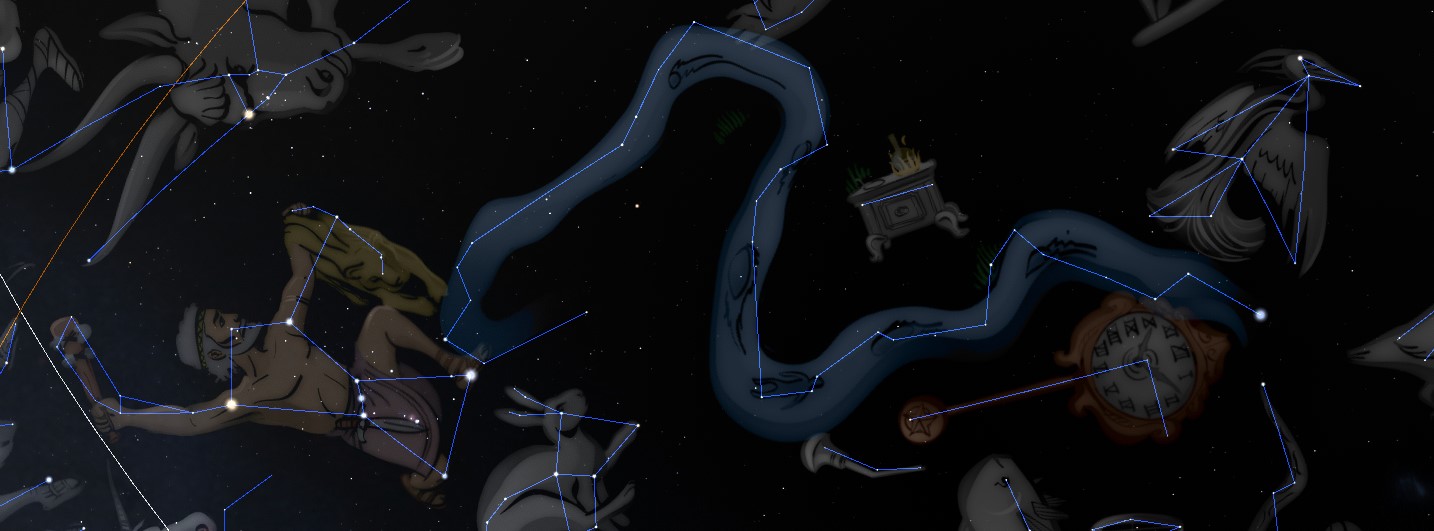 Illustration of a dark night sky filled with figures connected by lighted constellations, depicting various items and characters drawn in an animated style.