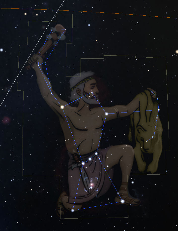 An illustration of a constellation from the Mazzaroth in a starry sky, depicting a male figure aiming a bow and arrow, overlaid with white lines connecting bright stars to outline the figure.