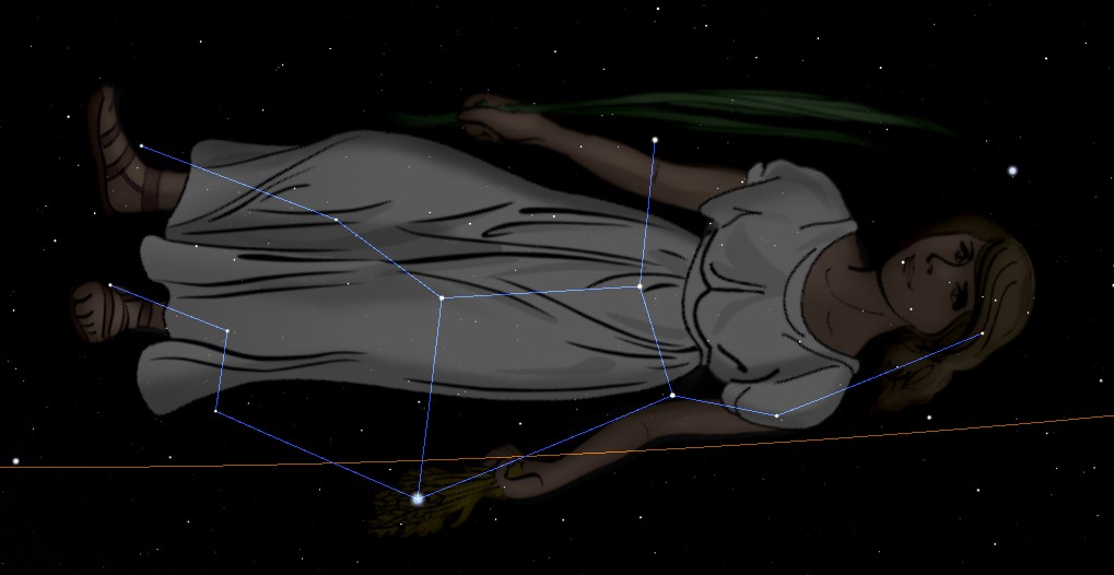 Illustration of a woman lying against a backdrop of stars with a constellation outlined in blue lines connecting stars, also featuring a visible comet with a green tail.